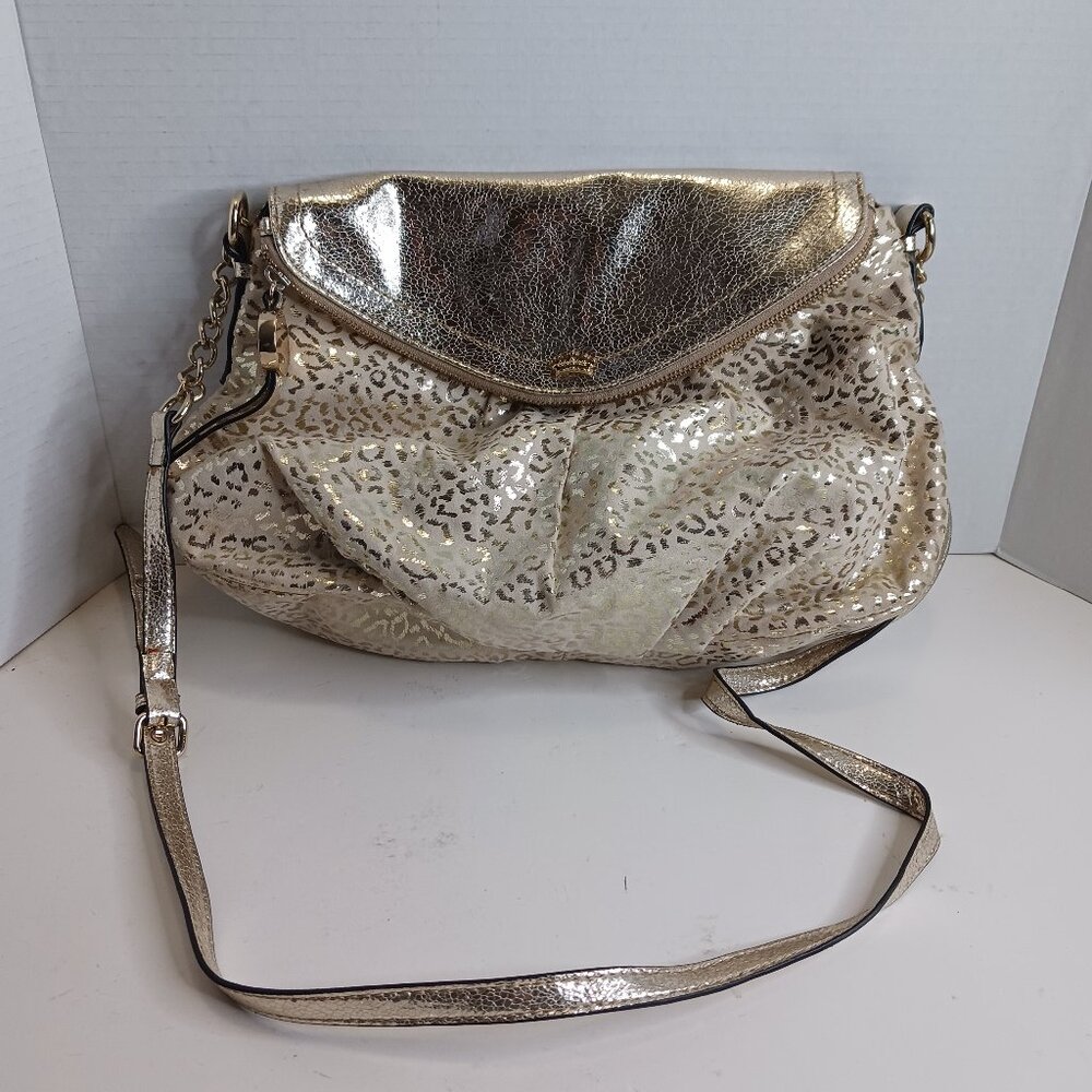 Juicy Couture Designer Gold Metallic Leopard Traveler Crossbody Handbag Purse